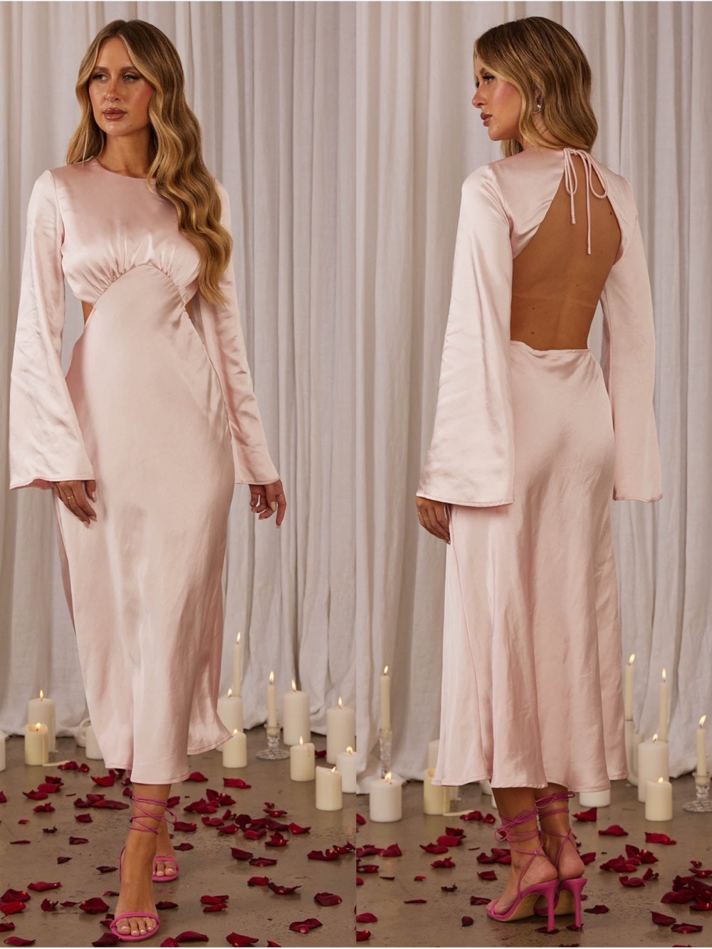 SELFIE LESLIE Doting Bell Sleeve Cut Out Midi Dress In Blush Pink